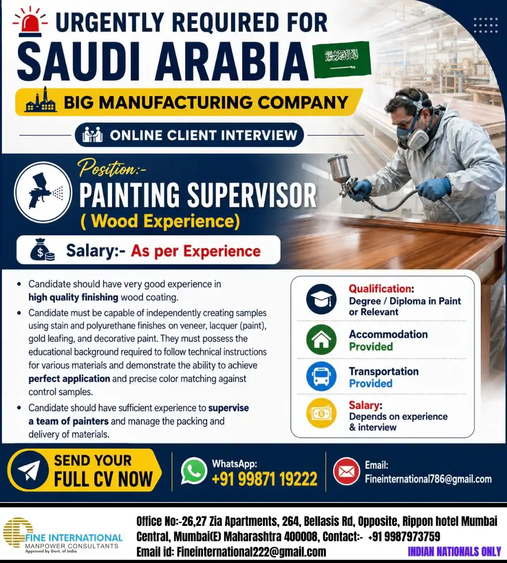 Painting Supervisor Jobs in Saudi Arabia – Manufacturing Company