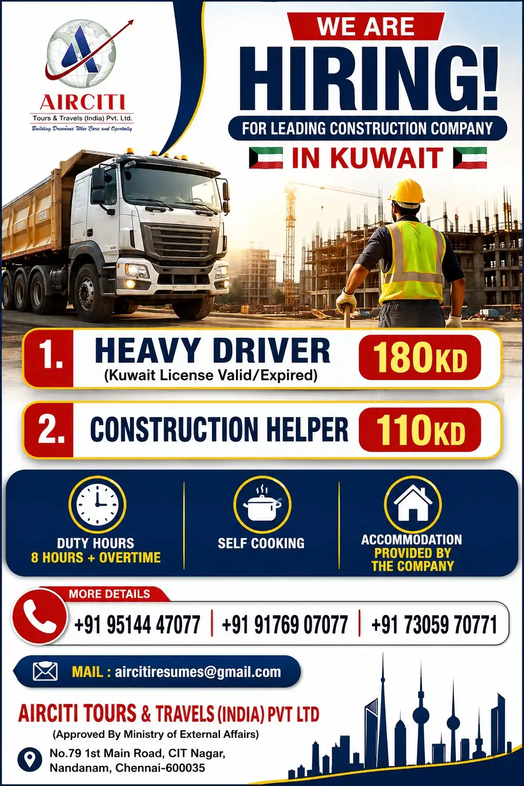 Heavy Driver & Construction Helper Jobs in Kuwait – Apply Now